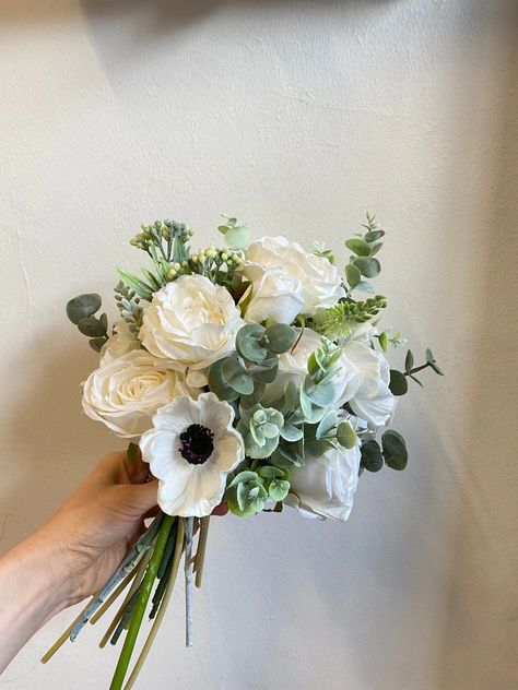 Handcrafted Wedding Bouquets | Unique & Sustainable – hiddenbotanicsweddings Aneome Bridal Bouquet, White Flower With Black Center, Olive Green Bridesmaid Dress Bouquet, Flower Bouquet For Black Dress, Prom Bouquet For Black Dress, Bouquet For Black Dress, Prom Bouquet Black Dress, Bouquet With Black Dress, Prom Flowers Bouquet Black Dress