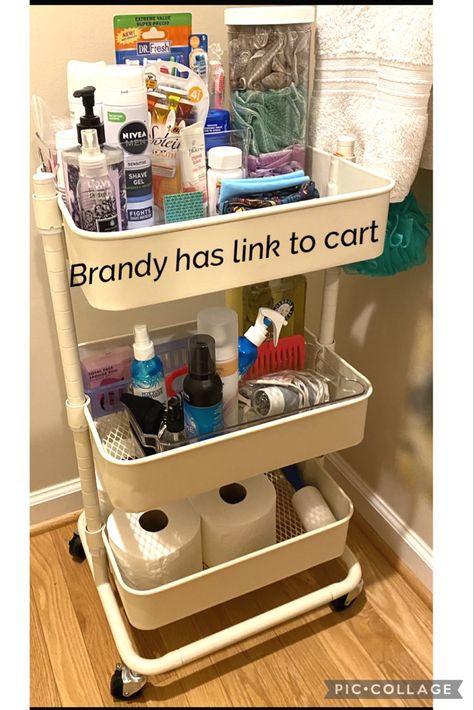 Cart In Bathroom, Bathroom Cart Ideas, Bath Cart, College Dorm Bathroom, Bathroom Cart, Bathroom Setup, College Bathroom, Scent Combos, Dorm Bathroom