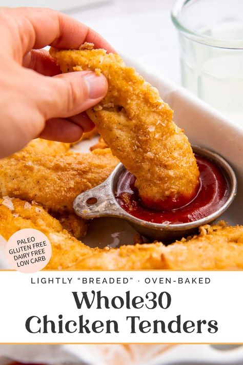 These Whole30 chicken tenders are tender, flavorful, and a family favorite. Tenderized with a secret weapon (pickle juice!), they're baked to perfect, making them super quick and easy, too. They're on repeat at our house!