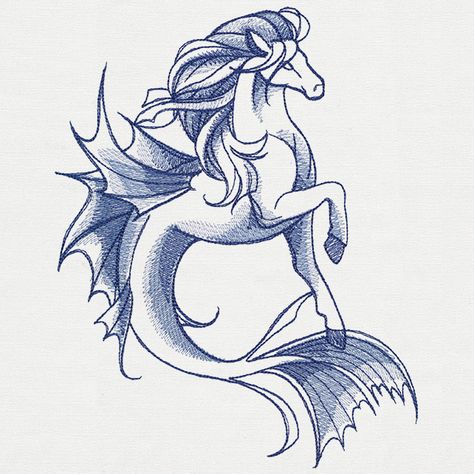 Hippocampus design (UT13319) from UrbanThreads.com Greek Mythology Creatures Drawing, Greek Mythology Drawings, Tattoo Sleeve Drawings, Mythical Creatures Drawings, Mermaid Drawings, Urban Threads, Horse Drawings, Creature Drawings, Seahorses