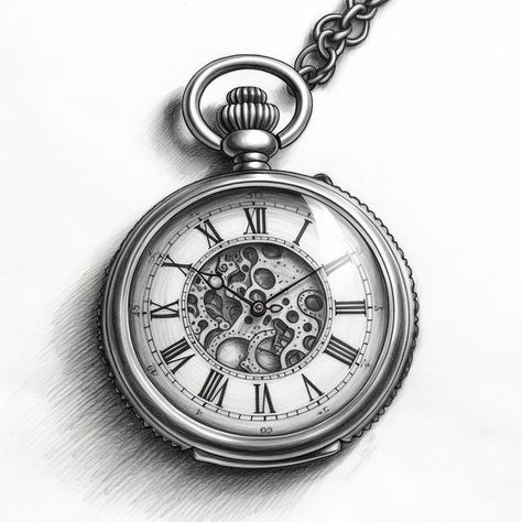 Pocket Clock Tattoo Design, Mechanical Clock Tattoo Design, Tattoo Clock Design, Old Clock Tattoo, Pocket Watch Drawing, Luis Tattoo, Pocket Watch Tattoo Design, Watch Tattoo Design, Gear Tattoo