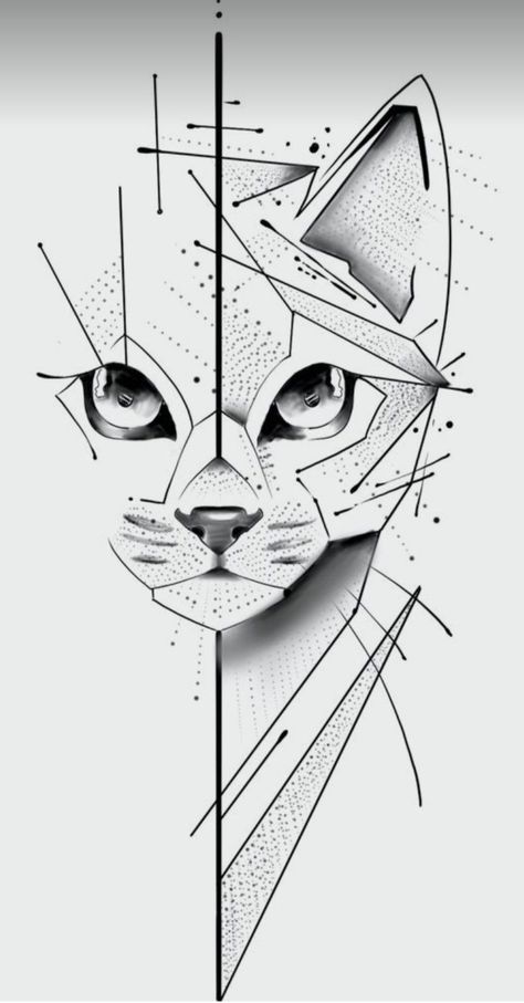 Geometric Cat Art, Cat Tattoo Geometric, Geometric Cat Tattoo, Cat Silhouette Tattoos, Cute Cat Tattoo, Cat Drawing Tutorial, Geometric Cat, Lion Tattoo Design, Cat Tattoo Designs