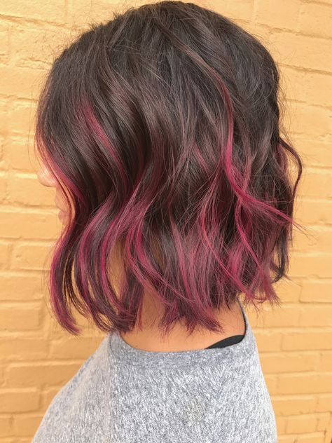 Purple Red Balayage Hair, Dyed Hair Pink And Brown, Peekaboo Hair Color Highlights, Bob Hairstyles Purple, Pink Hair Streaks Brunette Short, Dark Brown Hair With Peek A Boo Highlights, Black Hair With Pink Balayage, Brunette And Pink Balayage, Short Hair With Pink Ends