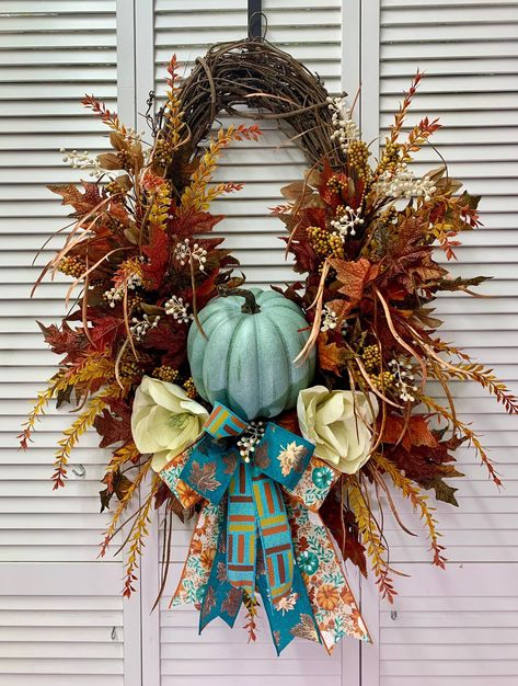 Excited to share this item from my #etsy shop: XL Pumpkin wreath, Blue pumpkin wreath, XL fall wreath, Fall leaf wreath, autumn wreath. XL Autumn wreath, Fall Leaf Wreath, Fall Greenery, Primitive Wreath, Fall Leaf Wreaths, Fall Pumpkin Crafts, Fall Thanksgiving Wreaths, Simply Blessed, Blue Pumpkin, Wreaths For Sale