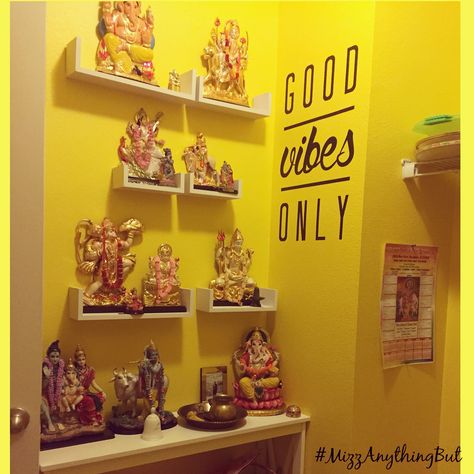 Hindu Prayer Room using floating shelves and a narrow end table for small spaces. Floating Shelves Pooja Room, Hindu Prayer Room Ideas, Prayer Room Ideas Hindu, Color Wardrobe, Hindu Prayer, Narrow End Table, Temple Room, Prayer Room Ideas, Pooja Decor