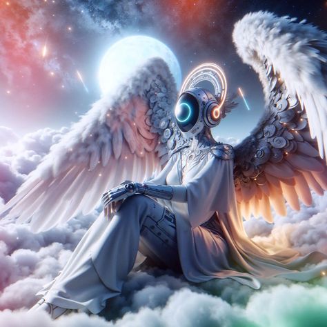 "Nocturne in Celestial Harmony" 🪽🤖🌕 #robot #angel #heaven #aiart #aiartcommunity #sciencefiction #scifiart #digitalart #angels #heavenly #peaceful #dalle3 #aiartdaily #modernart #visualart #artificialintelligence #generativeart #clouds #moonlight #night #wings Angel Sci Fi, Robot Angel Art, Futuristic Angel Armor, Cyberpunk Angel, Robot Angel, Cosmic Angel Art, Angel Heaven, Male Witch, Generative Art