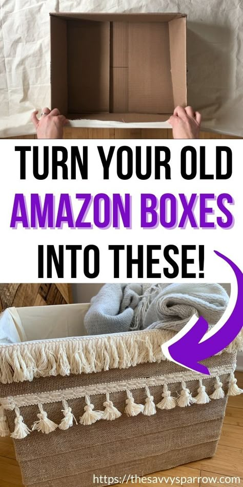 Looking for ways to upcycle your cardboard boxes this year? Try these easy DIY storage boxes! Learn how to turn Amazon boxes into cute storage baskets that are perfect for your DIY home decor! These no sew storage bins are so easy to make, and you can customize them to match your living room or bedroom. Turn A Box Into A Basket, Home Storage Boxes, Cardboard Box Into Storage Diy, Turning Cardboard Box Into Storage, Upgrade Cardboard Boxes, Cardboard Box Into Basket, How To Turn Cardboard Boxes Into Storage, How To Store Cardboard Boxes, Make Your Own Storage Boxes