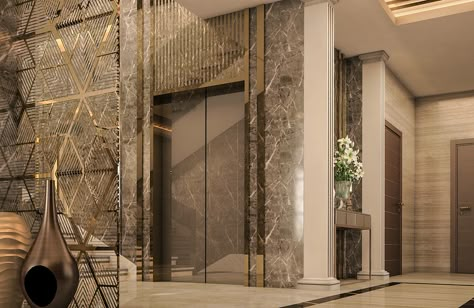 Entrance and elevator lobby with Neoclassic style on Behance Lift Lobby Design, Elevator Lobby Design, Elevator Interior, Front Wall Design, Elevator Lobby, Lobby Interior Design, Cladding Design, Elevator Design, Entrance Lobby