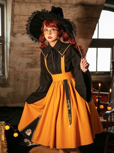 ❤︎Little Witch Comic Halloween Setup❤︎ Please allow 2-3 weeks for product shipping. Witch Comic, Pumpkin Skirt, Halloween Setup, Pumpkin Outfit, Overall Skirt, Anime Halloween, Witch Halloween Costume, Clothing Design Sketches, Witch Outfit