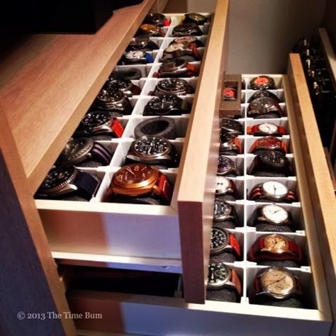 The Time Bum: How To Make a Watch Drawer  I can only imagine having a big collection like this.. Stil Masculin, Watch Organizer, Men Closet, Watch Storage, غرفة ملابس, Closet Designs, Closet Design, Walk In Closet, Closet Organization