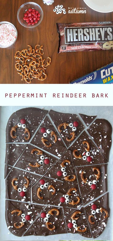 This is so cute! Chocolate peppermint reindeer bark is a fun Christmas treat that's super easy to make. My kids would love it! Reindeer Bark, Christmas Treats To Make, Easy Holiday Treats, Christmas Food Treats, Xmas Treats, Bark Recipe, Christmas Treat, Christmas Food Desserts, Christmas Sweets