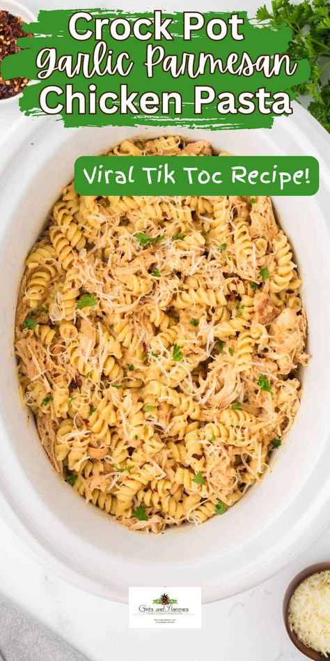 Discover the ultimate comfort food with this viral TikTok Crock Pot Garlic Parmesan Chicken Pasta Recipe! Slow-cooked to perfection, this easy pasta recipe combines tender shredded chicken with creamy cream cheese and rich Parmesan cheese, all brought together by the irresistible flavor of Buffalo Wild Wings Parmesan Garlic Sauce. Perfect for dinner, this homemade dish is easy to make with minimal effort. Pin now to save this must-try slow-cooker chicken pasta recipe! Bow Tie Chicken Pasta Crockpot, Buffalo Wild Wing Parmesan Garlic Chicken Pasta Crock Pot, Pasta Chicken Dishes, Crock Pot Chicken Parm, Buffalo Wild Wings Parmesan Garlic Chicken Pasta Crockpot, Crock Pot Parmesan Garlic Chicken, Chicken Garlic Parmesan Recipe, Bulk Pasta Recipes, Recipes With Bww Garlic Parmesan Sauce