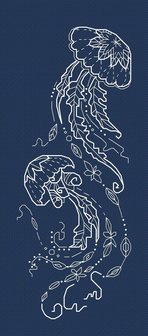 Jellyfish cross stitch chart designed by Alisa Okneas.  ATTENTION! Fabric and threads are not included! Cross stitch charts are intended for personal use only and can't be distributed any way. Jellyfish Embroidery Design, Embroidery Designs Ocean, Jellyfish Embroidery Pattern, Manta Ray Embroidery, Jellyfish Geometric, Embroidery Sea Life, Pixel Jellyfish, Mandala Jellyfish, Linear Pattern Design