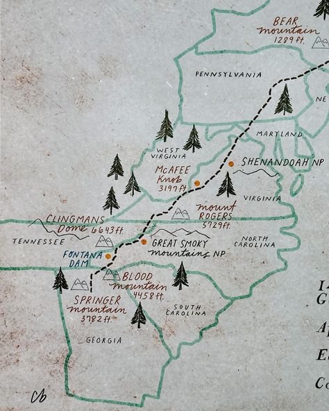 A few years ago I illustrated my first Appalachian Trail map…..but I really wanted to make some tweaks and re-release it, and this was the perfect collection to do that in!🌲 There are two new versions with different font/style, with a light and dark version. The first version was a top seller in the print shop and at local shows for me for a while, which is super fun! We live very close to the start of the Appalachian Trail and we hike parts of the trail often, so it holds a special place ... Trail Map Illustration, Mountain Branding, Hiking Logo, Appalachian Trail Map, Different Font Styles, The Appalachian Trail, Hiking Map, Trail Map, Bear Mountain