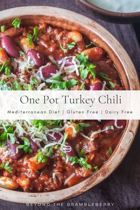 One Pot Turkey Chili — Beyond the Brambleberry Mediterranean Turkey Chili, Mediterranean Diet Chilli, Mediterranean Diet Chili Recipe, Mediterranean Chili Recipe, Mediterranean Chili, Mediterranean Diet Recipes Breakfast, Recipes Dairy Free, Diet Meal Plan For Beginners, Diet Gluten Free