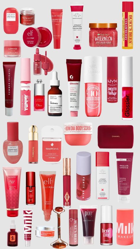 #red #redaesthetic #redskincare Red Skincare Aesthetic, Red Skincare, Beauty Products Aesthetic, Products Aesthetic, Skincare Aesthetic, Hygiene Products, Moisturizing Lip Balm, Burts Bees, Lip Scrub