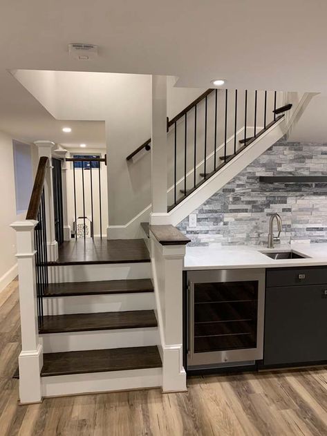 Open Basement Stairs, Modern Farmhouse Staircase, Basement Staircase, Open Basement, Basement Steps, Basement Stairs Ideas, Transitional Staircase, Small Basement Remodel, Hallmark Homes