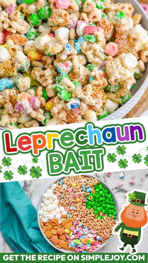 Leprechaun Bait is a fun and easy goodie to make with the kids for St. Patrick's Day. Just a handful of ingredients and you end up with a delicious treat! Loaded Leprechaun Popcorn, Leprachan Bait, Saint Patrick’s Day Dessert Ideas, St Patricks Day Snacks For Preschoolers, St Patrick’s Day Snacks For Kids, St Patrick’s Day Treats For Kids, Leprechaun Snacks, St Patricks Day Food Desserts, St Patricks Day Snack