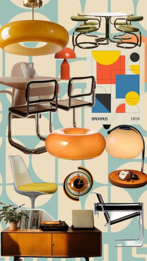 Bauhaus 🛋️🟠 Bauhaus Room Design, Bauhaus Apartment Interior, Bauhaus Interior Design Living Rooms, Bauhaus Interior Bedroom, Bauhaus Moodboard, Retrofuturism Decor, Bauhaus Design Interior, 80s Apartment Aesthetic, Bauhaus Furniture Design