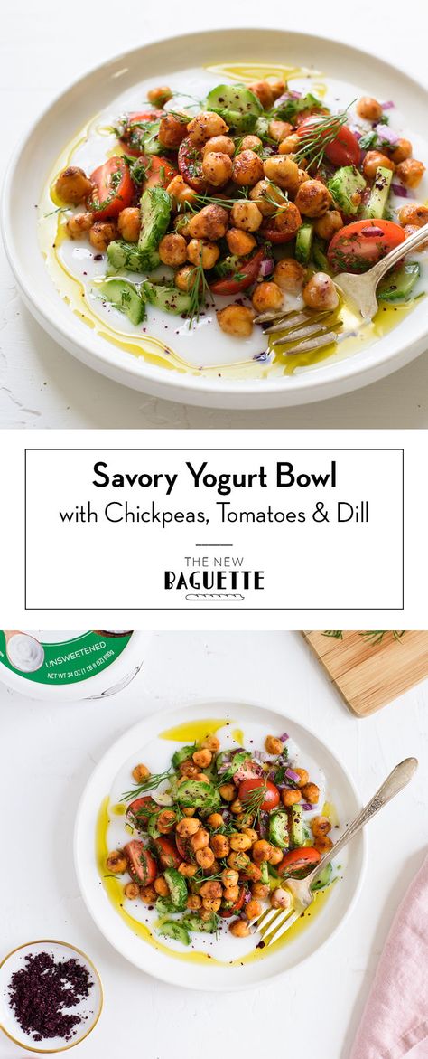 Savory Vegan Yogurt Bowl with Chickpeas, Cucumbers, Tomatoes, and Dill | Summer Dinner Ideas | The New Baguette Savory Greek Yogurt Bowl, Watermelon Yogurt Bowl, Couscous Hummus Bowl, Chickpea Nourish Bowl, Savory Quinoa Breakfast Bowl, Roasted Chickpea Salad Bowl, Salat Wraps, Potato Juice, Cucumber On Eyes