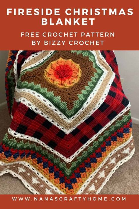 The Fireside Sampler Blanket is a free crochet pattern by Bizzy Crochet hosted by Nana's Crafty Home! This beautiful center-out throw is a Christmas themed sampler style blanket with video tutorials to help you along the way! The perfect stash / scrap busting project for a cozy throw reminiscent of Christmas times gone by! Crochet Fireside Blanket, Scrap Busting Crochet Patterns, Christmas Crochet Throw, Crochet Alongs Patterns Free, Crochet Christmas Blankets Free Patterns, Crochet Sampler Blanket Pattern Free, Christmas Crochet Afghan Patterns, Christmas Crochet Blanket Patterns Free, Tempature Blanket Crochet Pattern