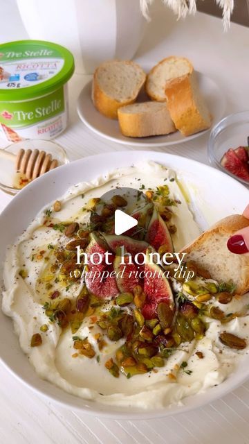 Jamie Milne on Instagram: "I have the simplest and quickest holiday appetizer for you to make! You will love my Hot Honey Whipped Ricotta Dip topped with Pistachios & Figs! This delicious dish came together in under ten minutes and is made with @TreStelleCheese Traditional Ricotta Cheese! This recipe and other delicious holiday recipes can be found on the Bites By Tre Stelle App! Available for free in the App store - you can find the perfect holiday recipes, including this one! Enjoy xx #ad   #TreStelle #TreStelleCheese #ricotta #ricottacheese #holidayrecipes #cheeserecipes  Hot Honey Whipped Ricotta with Figs & Pistachios   Serves 4  Ingredients  Whipped Ricotta  2 cups Tre Stelle Traditional Ricotta Cheese 2 tbsp honey  2 tbsp olive oil  ½ lemon, juiced and zested  Salt & pepper   Garnis Fig Ricotta Appetizer, Ricotta Cheese Dip, Honey Whipped Ricotta, Quick Holiday Appetizers, Whipped Ricotta Dip, Ricotta Dip, Whipped Ricotta, Holiday Appetizer, Hot Honey