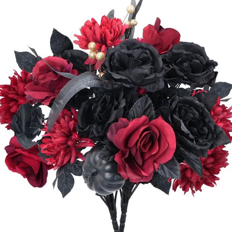 PRICES MAY VARY. Unique Design: Halloween bouquet are beautifully designed, composed of red roses, chrysanthemums, black peonies, pumpkins, eucalyptus leaves, willow leaves and golden berries. The flowers are cleverly matched and the dark colors can bring you a different decorative effect. Halloween Decorations: If you are looking for a Halloween decoration that won't wither, this black roses artificial flowers will suit your heart! It can add a scary, mysterious and scary atmosphere to your Hal Halloween Rose Bouquet, Halloween Flower Bouquet, Black Peonies, Gothic Kitchen Decor, Halloween Bouquet, Tables Centerpieces, Halloween Floral Arrangements, Black Pumpkins, Golden Berries