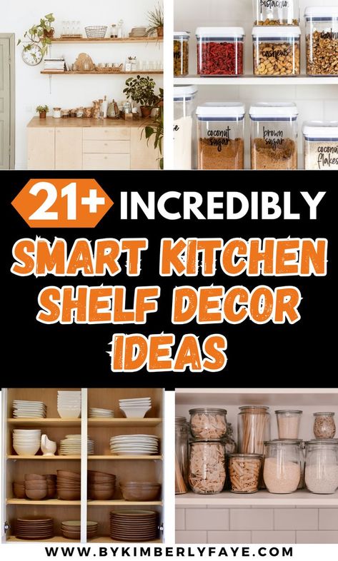 Stay organized with these 21+ Incredibly Smart Kitchen Shelf Decor Ideas That Feel Organized, Kitchen Shelf Decor Ideas Modern, Kitchen Shelf Decor Ideas Display, Kitchen Shelf Decor Ideas Minimalist Modern Kitchen Shelf Decor, Kitchen Shelf Decor Display, Kitchen Cookbook Shelf, Kitchen Shelf Organization, How To Decorate Kitchen Shelves, Kitchen Shelf Decor Ideas, Above Refrigerator, Kitchen Shelves Styling, Shelf Decor Ideas