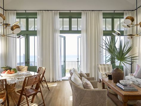 living room Living Room With Balcony, Ashley Gilbreath Interiors, Ashley Gilbreath, Room With Balcony, Beachy Living Room, White Linen Curtains, 90s Home, Sheer Linen Curtains, Fish House