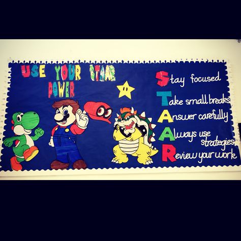 Video Game Theme Classroom Bulletin Boards, Mario Themed Classroom Bulletin Boards, Staar Test Bulletin Board Ideas, Staar Themes Ideas, Staar Bulletin Boards Ideas, Game On Bulletin Board Ideas, Video Game School Theme, Video Game Bulletin Board Ideas, Level Up Bulletin Board Ideas