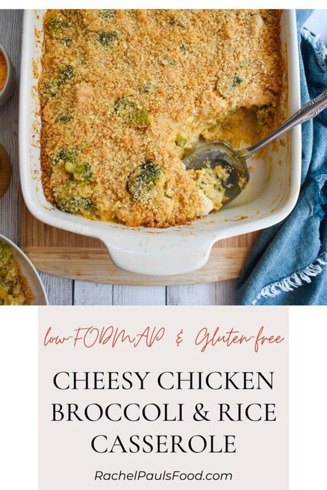 Classic comfort food at its best.  Cheesy chicken, broccoli, and rice casserole clicks all the boxes.  Hearty, delicious and made in one-pot! Gluten-free and IBS-friendly. Chicken Brocolli Rice, Chicken Broccoli Rice Cheese Casserole, Low Fodmap Chicken Recipes, Cheesy Chicken Broccoli Rice Casserole, Fodmap Chicken Recipes, Chicken Broccoli And Rice Casserole, Cheesy Chicken Broccoli Rice, Broccoli And Rice Casserole, Fodmap Chicken