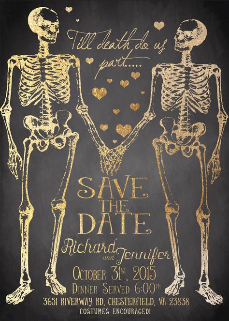 16 Subtly Spooky Ideas For A Killer Halloween Wedding Skeleton Wedding, Invitation Engagement, Halloween Wedding Invitations, Skeleton Couple, Halloween Themed Wedding, Wedding Halloween, Glitter Wedding Invitations, Goth Wedding, Dark Wedding