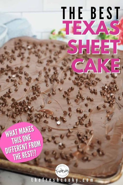 This Texas Sheet Cake recipe takes the cake! I've tweaked this recipe to accommodate high altitude and sea level instructions, plus making it absolute perfection! Chocolate-y, rich, dense, a little chewy and amazing frosting. Recipe via @thefreshcooky | #pioneerwoman #cake #baking #chocolate #sheetcake #halfsheet #potluck #dessert White Texas Sheet Cake Recipe, Espresso Brownie Bites, Sheet Pan Cake, White Texas Sheet Cake, Texas Sheet Cake Cookies, Texas Sheet Cake Recipe, Sheet Cake Recipe, Texas Sheet, Texas Sheet Cake