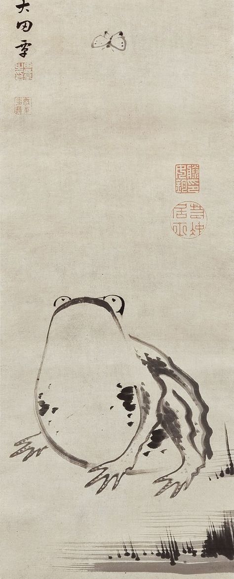 Detail. Frog with butterfly. Japanese hanging scroll. Itō Jakuchū. Eighteenth century. Japanese Animal Illustration, Japanese Scroll Art, Japanese Frog Art, Japanese Frog Tattoo, Ito Jakuchu, Japanese Frog, Japanese Animals, Sumi E Painting, Frog Tattoos