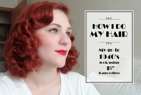 Evie's Tea Room - How I do my Hair; My go-to 1940's look using 1¼ foam rollers 30s Hair, Dapper Hairstyles, Confident Lady, Midge Maisel, Retro Hairstyle, 1940s Hair, Retro Updo, Vintage Hairstyle, 1940s Looks