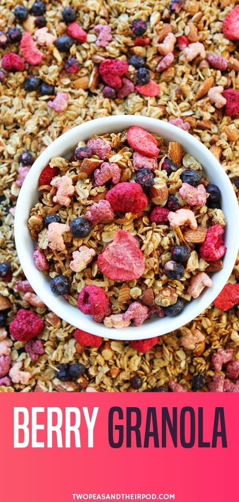 Bursting with berries and fun bunny shapes, this homemade mixed berry granola recipe will surely be a weekend staple at home! The base of the granola is loaded with goodies such as oats, coconut, almonds, cinnamon, salt, coconut oil, maple syrup, and vanilla extract. A sure winner among the kids! High Protein Granola Recipe, Protein Granola Recipe, High Protein Granola, Healthy Homemade Granola Recipe, Berry Granola, Easy Homemade Granola, Homemade Granola Healthy, Protein Granola, Granola Recipe Homemade