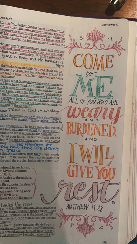 bible bible journal bible aesthetic bible art bible verse highlight Matthew 11 Bible Journaling, Annotated Bible For Boyfriend, How To Annotate The Bible, Highlighted Bible Verses, Matthew 11:28, Romans 8 28 Wallpaper, Highlighting Bible, Matthew Bible Journaling, Annotated Bible