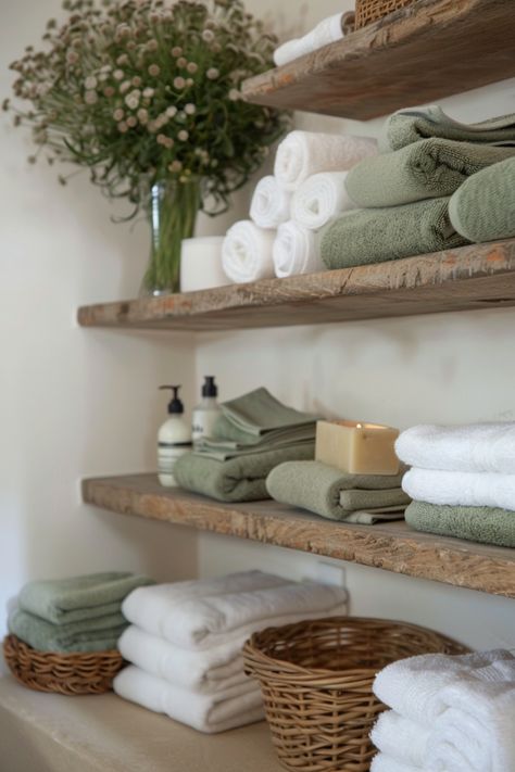 See how to create and style a stunning sage green bathroom with these tips. White Bathroom With Sage Green Accents, Boho Bathroom Sage Green, Bathroom Ideas Sage Green, Spa Bathroom Ideas Master Bath Decor, Green And Tan Bathroom, Sage Green Bathrooms, Beige And Green Bathroom, Sage Green Bathroom Decor, Olive Green Bathrooms