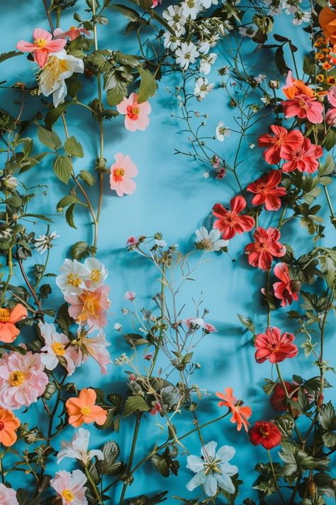 Blossom Your Space: Flower Wall Decoration Ideas Flower Wall Nirror, Flowerwall Floral Wall Flower, Flower Wall Background Neon Sign, Blue Flower Picture Wall, Flower Wall Design, Purple Wall Flowers Neon Sign, Diy Flower Wall, Tree Branch Wall, Romantic Backdrop