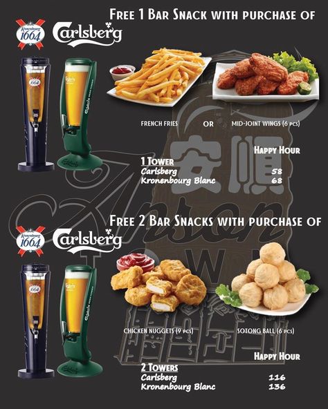 Anson Town on Instagram: “Come visit Anson Town @ Gambas for our latest promotion and new snack menu! Grab FREE bar snacks with the purchase of a beer tower!…” Beer Promotion, Beer Snacks, Bar Snacks, Beer Tower, Chicken Nuggets, Snack Bar, French Fries, Waffles, Promotion