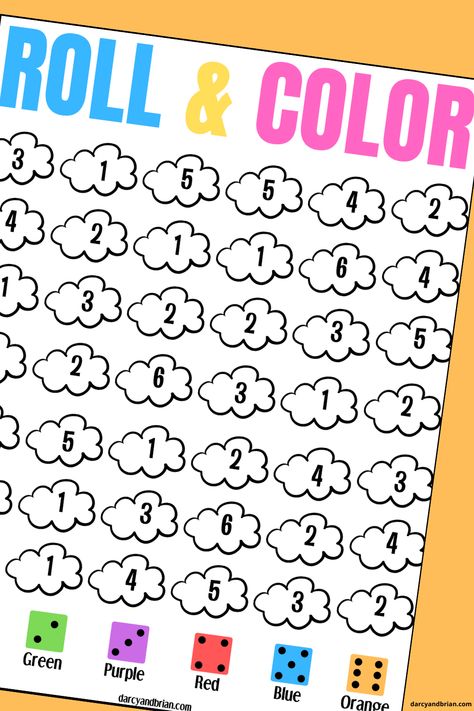 "This printable cloud roll and color dice game is an easy no prep math activity for preschool and kindergarten. It makes working on subitizing, number recognition, and colors engaging by making it a little game, which is perfect for a classroom math center or for learning at home.  One of my favorite ways to help my kids reinforce concepts and keeping learning fun is by playing games. Whether they are playing board games or one of our printable games for kids, they don’t even realize they are Math Activity For Preschool, Craft Paper Design, Kids Fathers Day Crafts, Playing Board Games, Activity For Preschool, Recycled Paper Crafts, Printable Games For Kids, Paper Party Decorations, Learning At Home