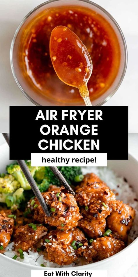 This crispy air fryer orange chicken is healthy, full of flavor and so easy to make. it's gluten free, refined sugar free, paleo friendly and tastes just like Chinese take out! This orange chicken is easy to make and the perfect family favorite dinner! Air Fryer Orange Chicken, Gluten Free Orange Chicken, Plat Vegan, Chinese Take Out, Orange Chicken Recipe, Chicken Eating, Favorite Dinner, Air Fryer Oven Recipes, Air Fryer Healthy