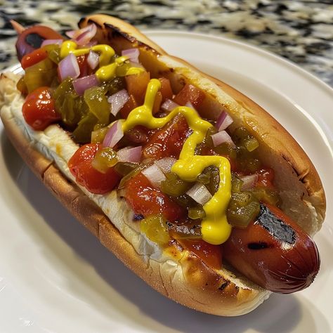 🌭 Experience the classic taste with our Classic American Hot Dog! #HotDogHeaven 🍽️ Classic American Hot Dog 🛒 Ingredients: Hot dogs: 4 Hot dog buns: 4 Mustard Ketchup Relish Onions, chopped 👩‍🍳 Instructions: Cook: Grill hot dogs until golden. Assemble: Place in buns with mustard, ketchup, relish, and onions. 🌟 Bite into nostalgia with our Classic American Hot Dog. Every bite is a delight! #ClassicEats Hot Dog Aesthetic, Hot Dog Dinner, Hotdogs Recipes, Grill Hot Dogs, American Hot Dog, American Hot Dogs, Hot Dog Recipe, Grilling Hot Dogs, Gourmet Hot Dogs