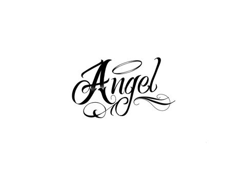 Angel Tattoo Writing, Angel Text Tattoo, Angel Lettering Tattoo, Angel Tattoo Word, Angel Word Tattoo, Angel Name Tattoo, Angel Writing, Angel Font, Halo Tattoo