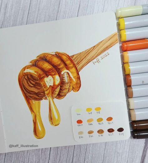 Food Art / Artist / Artwork / Drawing / Copic Alcohol Markers / Copics / Honey Art Marker Aesthetic Art, Drawings With Copic Markers, Drawing Ideas With Color Markers, Alcohol Marker Art Tutorial, Alcohol Marker Painting, Copic Marker Art Illustrations, Alcohol Based Markers Art Ideas, Water Marker Art, Alcohol Pen Art