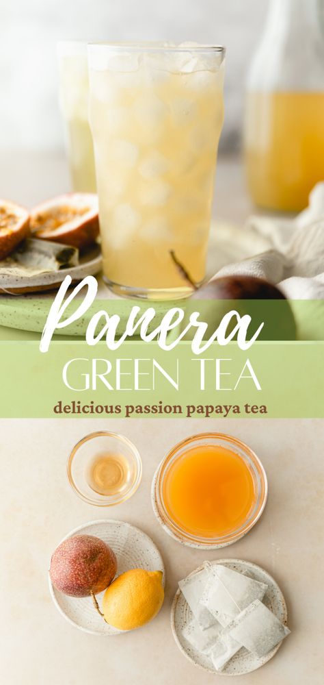 Homemade Panera Green Tea - Copycat Panera Passionfruit Green Tea Panera Tea Recipe, Passion Papaya Green Tea Recipe, Panera Green Tea Recipe, Panera Green Tea, Romesco Dip, Fantasy Cookbook, Passion Fruit Green Tea, Passionfruit Green Tea, Papaya Tea