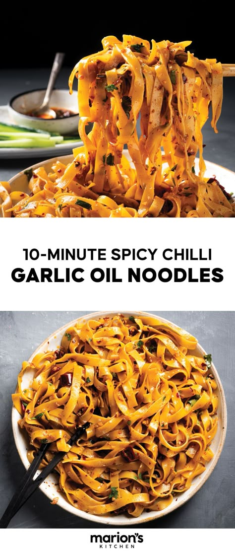 Marion Grasby's 10-minute Spicy Chilli Garlic Oil Noodles Noodles With Chilli Oil, Recipes With Black Vinegar, Chilli Crisp Noodles, Recipes With Chilli Oil, Chilli Oil Pasta, Garlic Chilli Oil Noodles, Garlic Oil Noodles, Sweet Soy Sauce Recipe, Chilli Oil Noodles