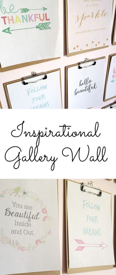 Inspirational Gallery Wall using Dollar Store Clipboards. What a great idea of using inspirational and encouraging quotes to display on the wall of a girl's bedroom! Would be great in a playroom or bathroom as well! #girlbedroom #playroom Clipboard Wall Art, Clipboard Wall, Gospel Art, Goodmorning Blessed, Lavender Laundry, Sweet Sayings, Eclectic Farmhouse, Wall Inspiration, Girls Rooms