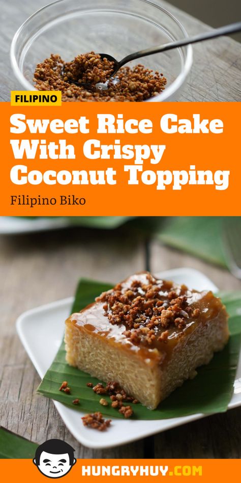 There are many variations on biko, but this biko recipe will give you a sweet dark brown-sugared sticky rice cake topped with a caramelized coconut sauce and latik (crispy coconut curds). Each decadent bite of this traditionally Filipino dessert is filled with flavors of palm sugar, dark brown sugar, and rich coconut. Sweet Rice Cake, Biko Recipe, Filipino Sweets, Sticky Rice Cake, Sugary Treats, Filipino Food Dessert, Filipino Dessert, Rice Cake Recipes, Sweet Rice