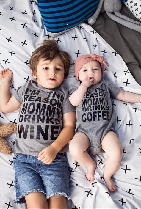 Mom Drinks, Funny Sibling Shirts, Baby Fashion Newborn, Matching Sibling Outfits, Wine Funny, Funny Kids Shirts, Newborn Fashion, Funny Drinking Shirts, Drinks Coffee